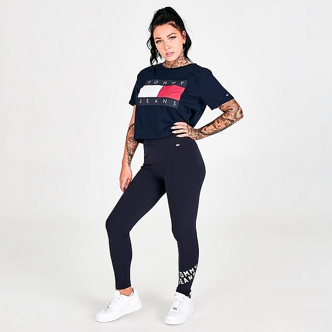 Front view of Women's Tommy Jeans Graphic Print Logo Leggings in Sky Captain Click to zoom