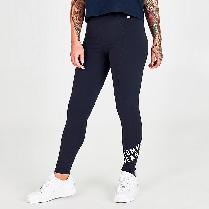 Front Three Quarter view of Women's Tommy Jeans Graphic Print Logo Leggings in Sky Captain Click to zoom