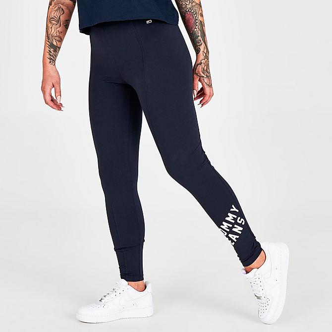 Back Left view of Women's Tommy Jeans Graphic Print Logo Leggings in Sky Captain Click to zoom