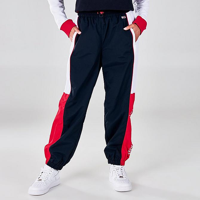 Front Three Quarter view of Women's Tommy Hilfiger Colorblock Track Pants in Navy/Red/White Click to zoom