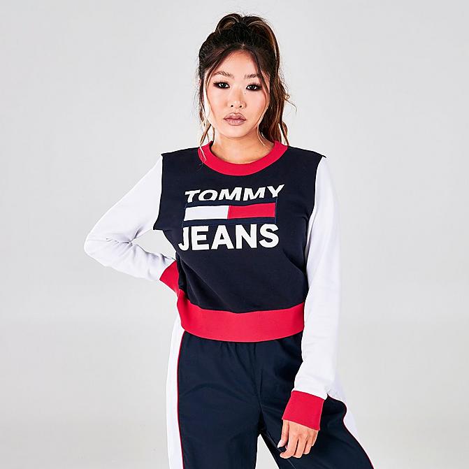 Front view of Women's Tommy Hilfiger Colorblock Logo Crewneck Pullover in Navy/Red/White Click to zoom