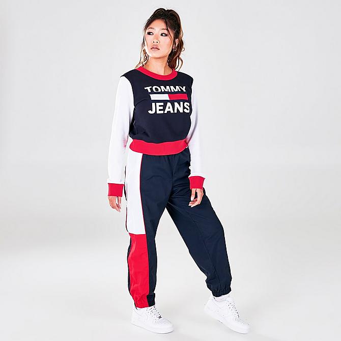 Front Three Quarter view of Women's Tommy Hilfiger Colorblock Logo Crewneck Pullover in Navy/Red/White Click to zoom