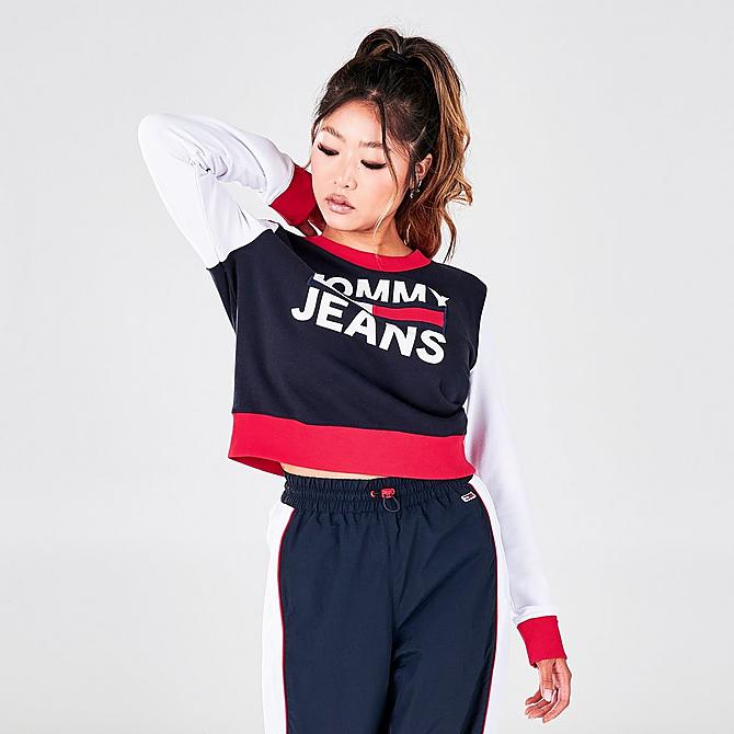 Back Left view of Women's Tommy Hilfiger Colorblock Logo Crewneck Pullover in Navy/Red/White Click to zoom