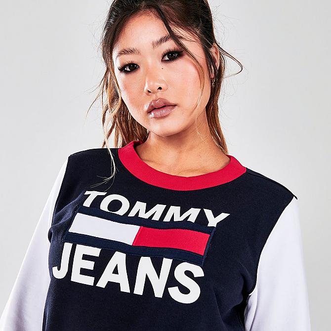 On Model 6 view of Women's Tommy Hilfiger Colorblock Logo Crewneck Pullover in Navy/Red/White Click to zoom