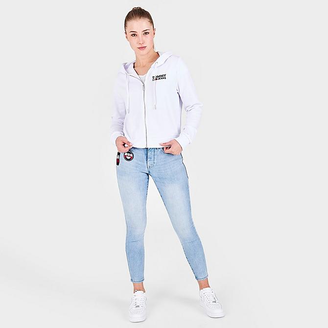 Front Three Quarter view of Women's Tommy Jeans Logo Full-Zip Hoodie in White Click to zoom