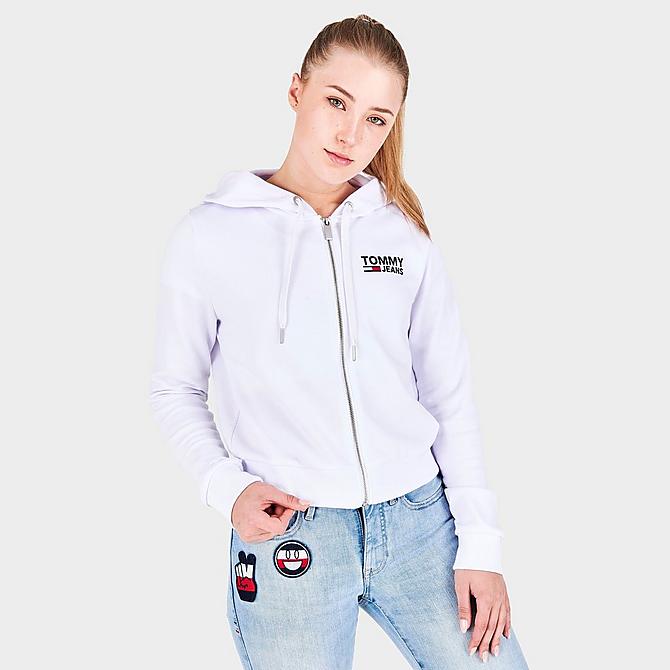 Back Right view of Women's Tommy Jeans Logo Full-Zip Hoodie in White Click to zoom
