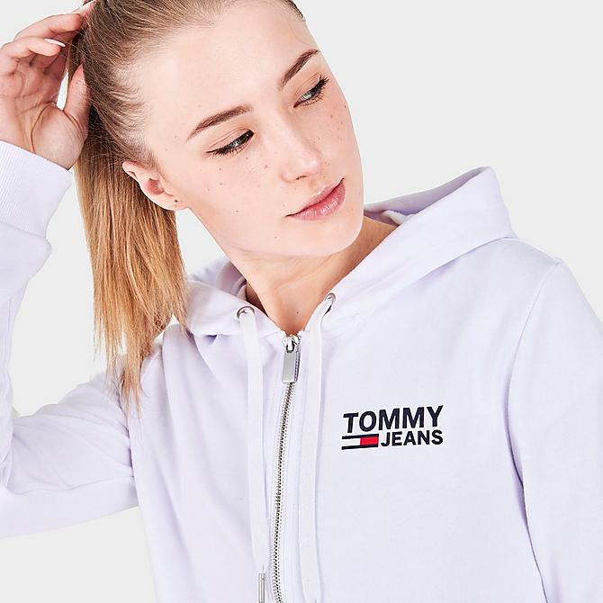 On Model 6 view of Women's Tommy Jeans Logo Full-Zip Hoodie in White Click to zoom