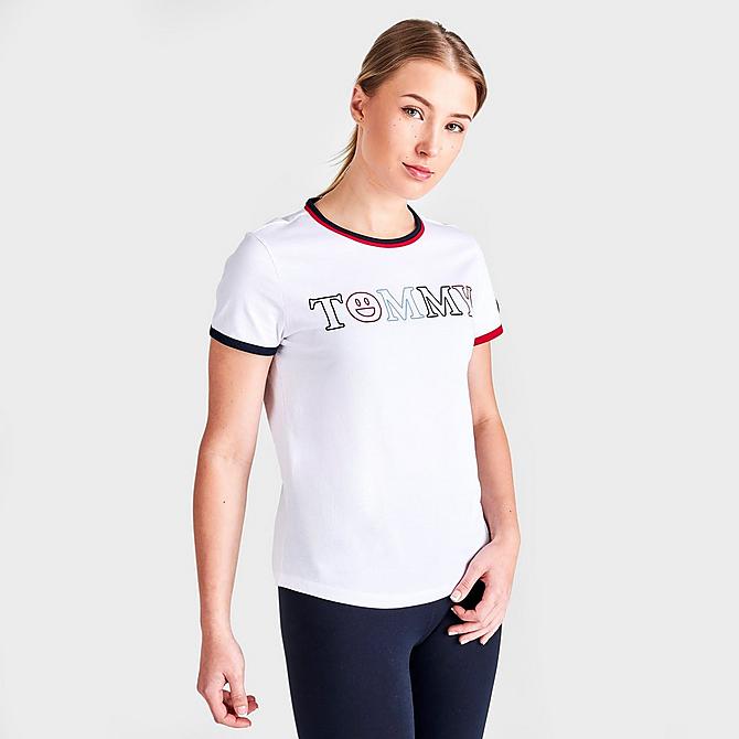 Back Left view of Women's Tommy Jeans Smiley T-Shirt in White Click to zoom