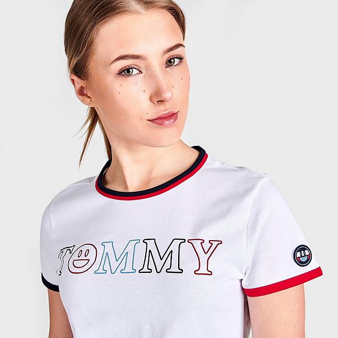 On Model 5 view of Women's Tommy Jeans Smiley T-Shirt in White Click to zoom