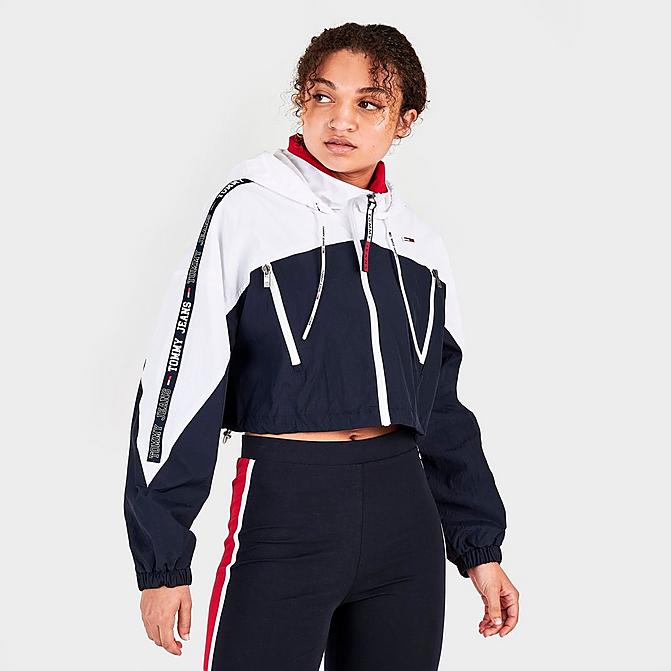 Front view of Women's Tommy Jeans Cropped Windbreaker Jacket in Sky Captain/Multi Click to zoom