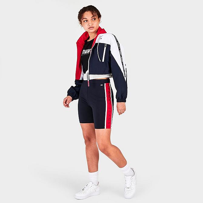 Front Three Quarter view of Women's Tommy Jeans Cropped Windbreaker Jacket in Sky Captain/Multi Click to zoom