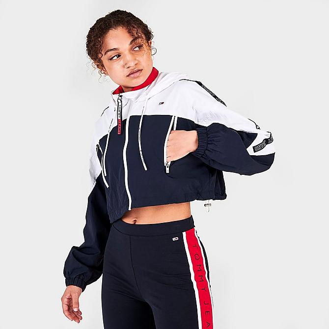 Back Left view of Women's Tommy Jeans Cropped Windbreaker Jacket in Sky Captain/Multi Click to zoom