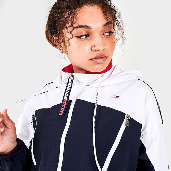 On Model 5 view of Women's Tommy Jeans Cropped Windbreaker Jacket in Sky Captain/Multi Click to zoom