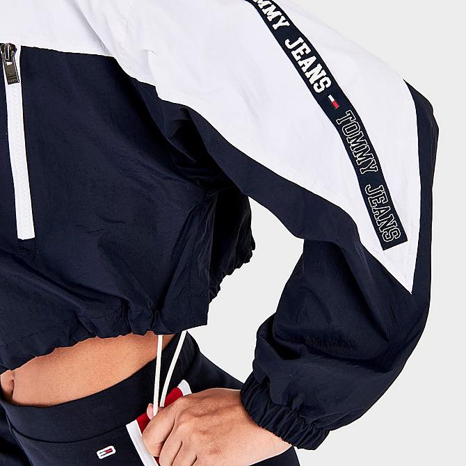 On Model 6 view of Women's Tommy Jeans Cropped Windbreaker Jacket in Sky Captain/Multi Click to zoom