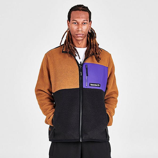 Front view of Men's Timberland Outdoor Archive High Pile Sherpa Fleece Jacket in Wheat/Purple/Black Click to zoom