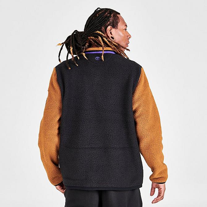 Back Right view of Men's Timberland Outdoor Archive High Pile Sherpa Fleece Jacket in Wheat/Purple/Black Click to zoom