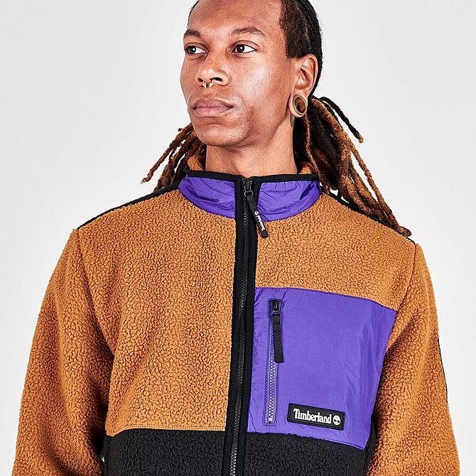 On Model 5 view of Men's Timberland Outdoor Archive High Pile Sherpa Fleece Jacket in Wheat/Purple/Black Click to zoom