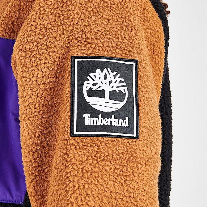 On Model 6 view of Men's Timberland Outdoor Archive High Pile Sherpa Fleece Jacket in Wheat/Purple/Black Click to zoom
