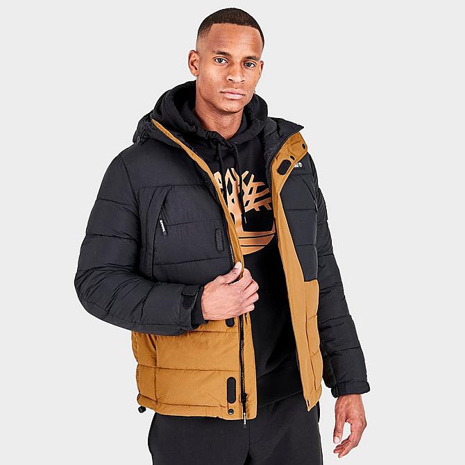 Back Left view of Men's Timberland Outdoor Archive Puffer Jacket in Black/Wheat Click to zoom