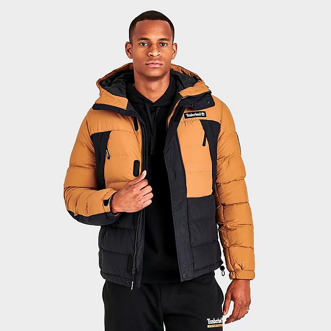 Back Left view of Men's Timberland Outdoor Archive Puffer Jacket in Wheat/Black Click to zoom