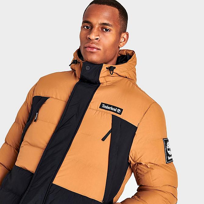 On Model 5 view of Men's Timberland Outdoor Archive Puffer Jacket in Wheat/Black Click to zoom