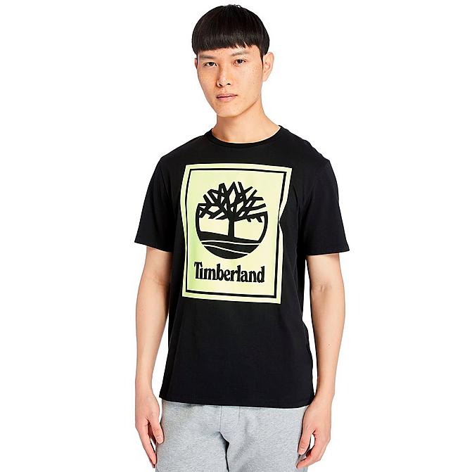 Front view of Men's Timberland Stack Logo T-Shirt in Black/White Click to zoom