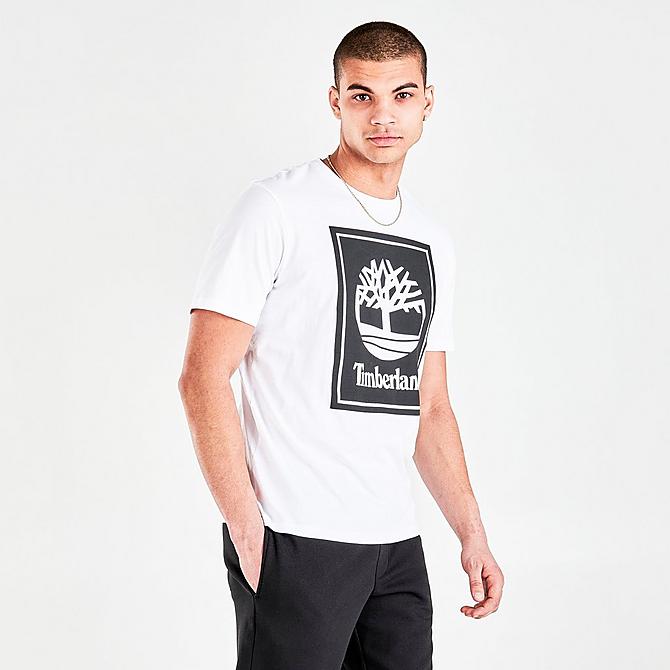 Back Left view of Men's Timberland Stack Logo Graphic Print Short-Sleeve T-Shirt in White Click to zoom