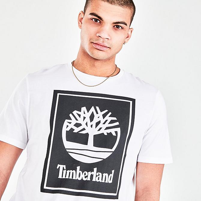 On Model 5 view of Men's Timberland Stack Logo Graphic Print Short-Sleeve T-Shirt in White Click to zoom