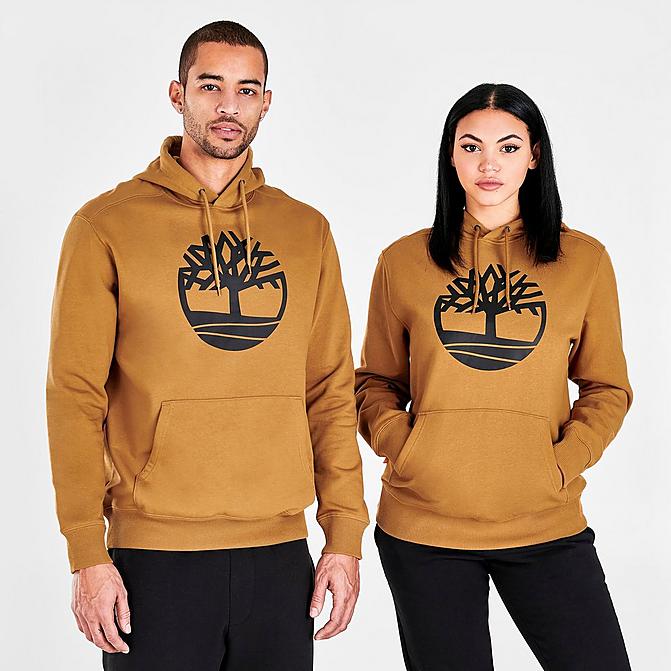 Front view of Men's Timberland Tree Logo Pullover Hoodie in Wheat Click to zoom