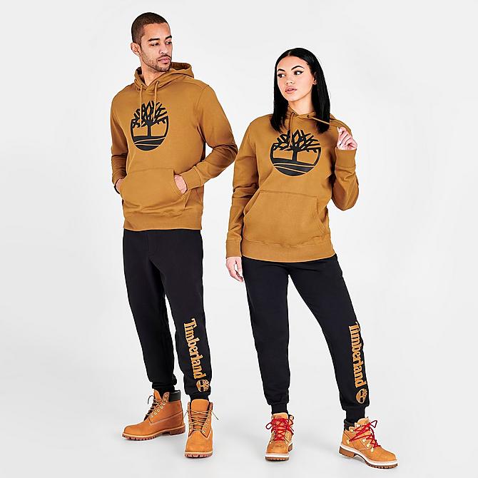 Front Three Quarter view of Men's Timberland Tree Logo Pullover Hoodie in Wheat Click to zoom