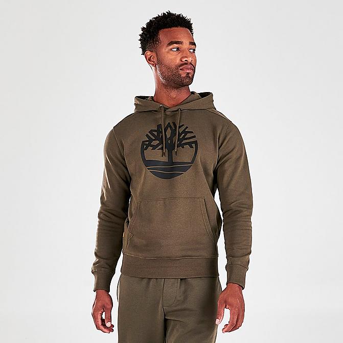 Front view of Men's Timberland Tree Logo Pullover Hoodie in Olive Green/Black Click to zoom