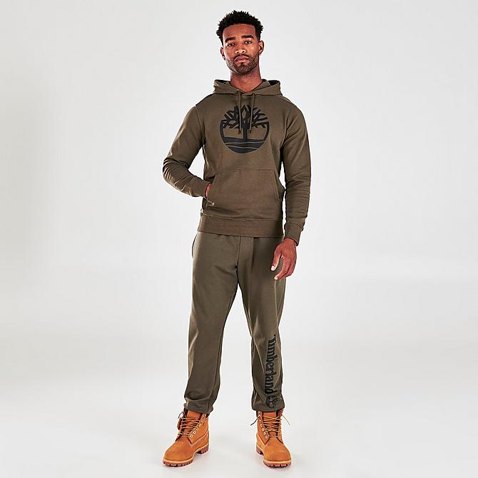 Front Three Quarter view of Men's Timberland Tree Logo Pullover Hoodie in Olive Green/Black Click to zoom
