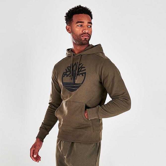 Back Left view of Men's Timberland Tree Logo Pullover Hoodie in Olive Green/Black Click to zoom