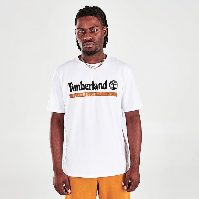 Front view of Men's Timberland Established 1973 T-Shirt in Wheat Boot-White Click to zoom