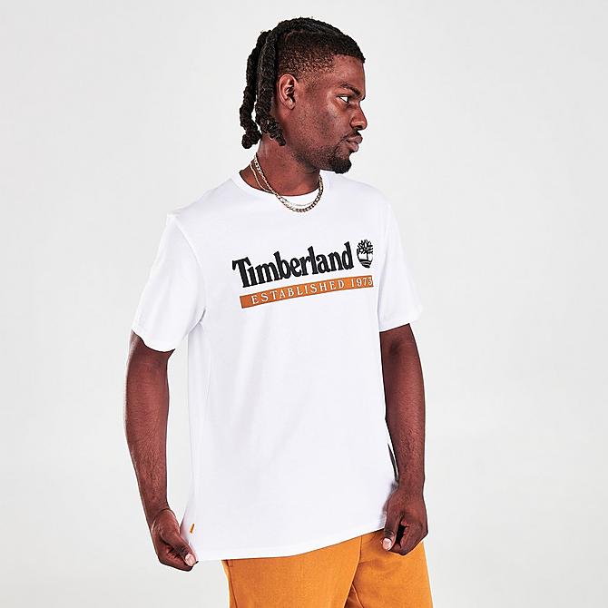Back Left view of Men's Timberland Established 1973 T-Shirt in Wheat Boot-White Click to zoom