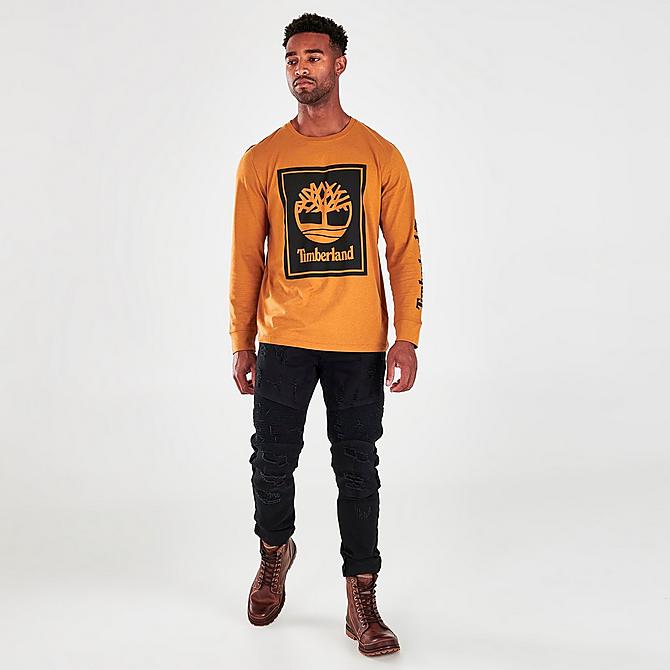 Front Three Quarter view of Timberland Stack Logo Long-Sleeve T-Shirt in Wheat Boot/White Sand Click to zoom