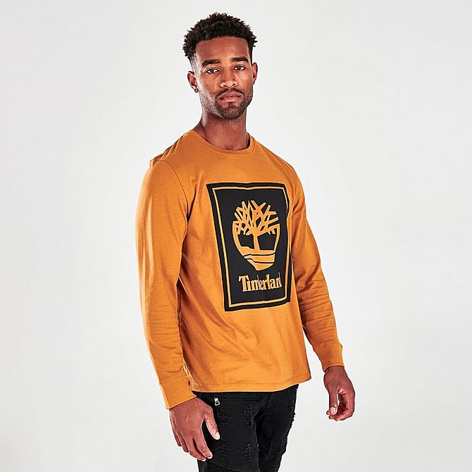 Back Left view of Timberland Stack Logo Long-Sleeve T-Shirt in Wheat Boot/White Sand Click to zoom