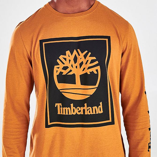 On Model 5 view of Timberland Stack Logo Long-Sleeve T-Shirt in Wheat Boot/White Sand Click to zoom