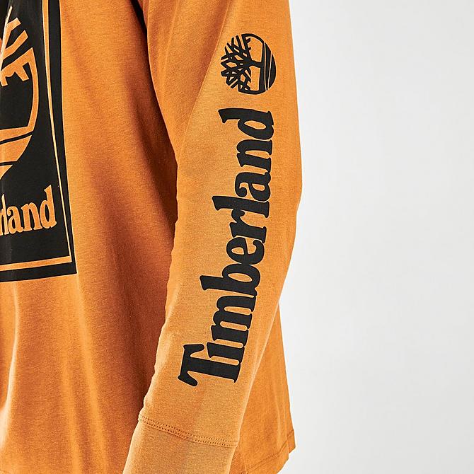 On Model 6 view of Timberland Stack Logo Long-Sleeve T-Shirt in Wheat Boot/White Sand Click to zoom