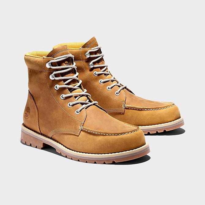 Three Quarter view of Men's Timberland Redwood Falls Waterproof Moc-Toe Boots in Wheat Full Grain Click to zoom