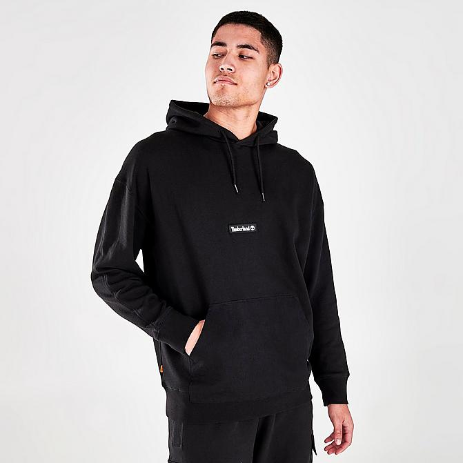 Front view of Men's Timberland Cargo Pullover Hoodie in Black Click to zoom