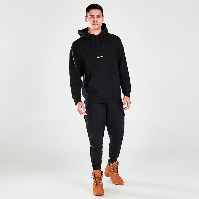 Front Three Quarter view of Men's Timberland Cargo Pullover Hoodie in Black Click to zoom