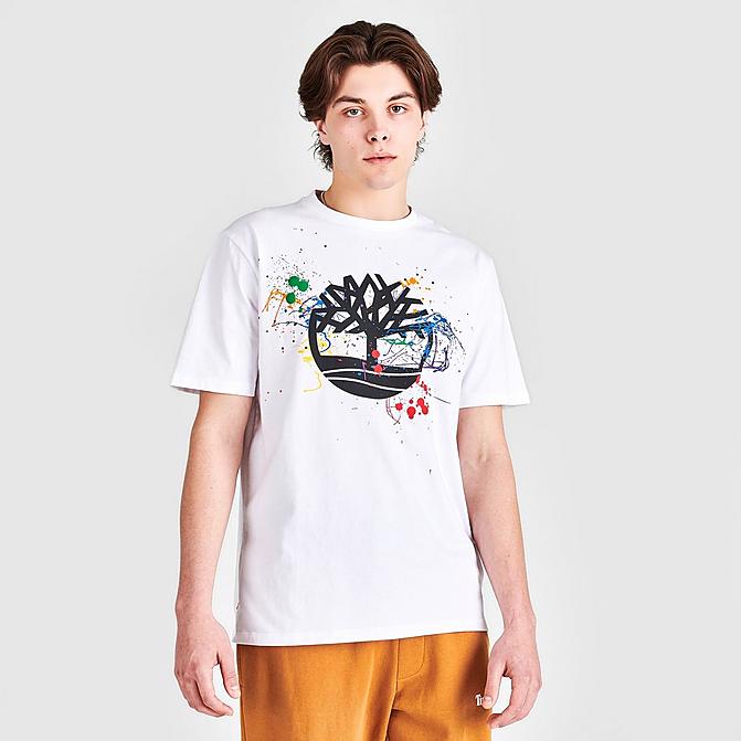 Front view of Men's Timberland Pride Graphic Print Short-Sleeve T-Shirt in White Click to zoom