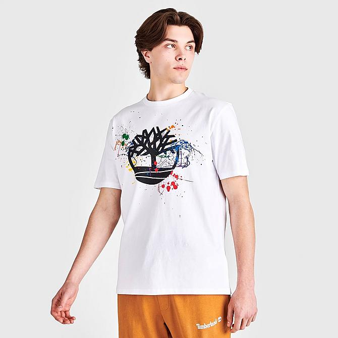 Back Left view of Men's Timberland Pride Graphic Print Short-Sleeve T-Shirt in White Click to zoom