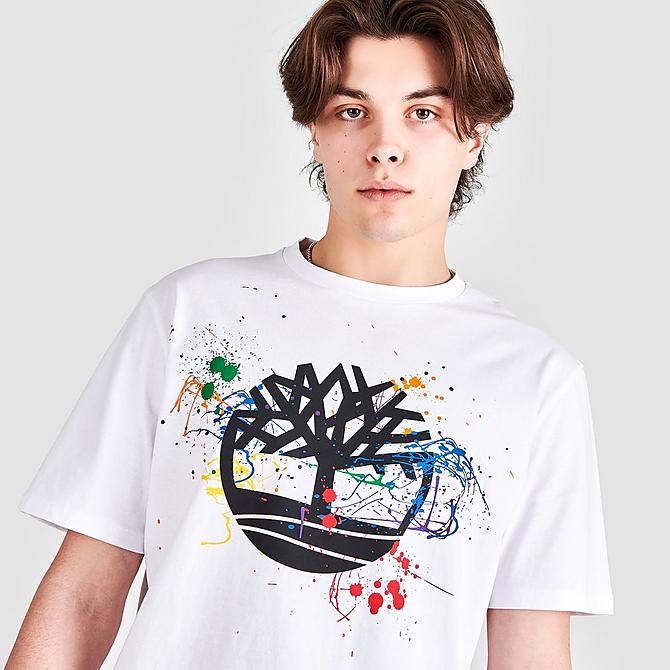 On Model 5 view of Men's Timberland Pride Graphic Print Short-Sleeve T-Shirt in White Click to zoom