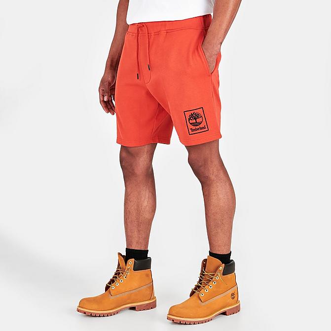 Front view of Men's Timberland Stack Logo Sweatshorts in Burnt Ochre Click to zoom