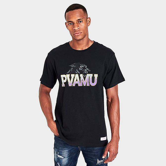Front view of Men's Mitchell & Ness Prairie View A&M Panthers College Big Logo T-Shirt in Black Click to zoom