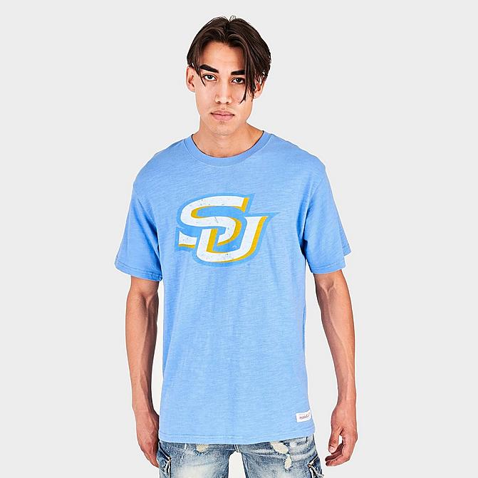 Front view of Men's Mitchell & Ness Southern University Jaguars College Logo T-Shirt in Blue Click to zoom