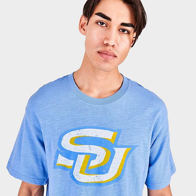 On Model 5 view of Men's Mitchell & Ness Southern University Jaguars College Logo T-Shirt in Blue Click to zoom