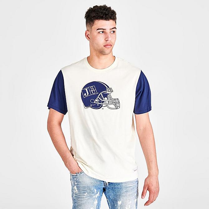 Front view of Men's Mitchell & Ness Jackson State Tigers College Color-Blocked T-Shirt in White/Navy Click to zoom